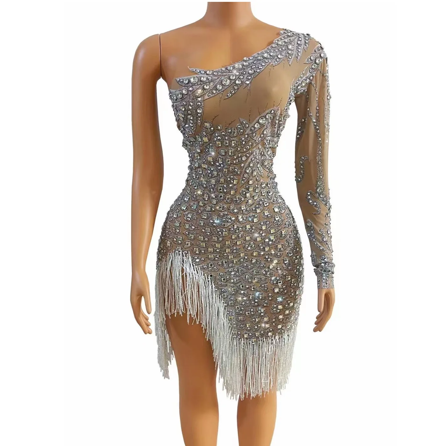 Nude Shining Rhinestones Inclined Shoulder Sexy Tassel Asymmetrical Dress Jazz Prom Clothing Singer Stage Costumes Party Wear