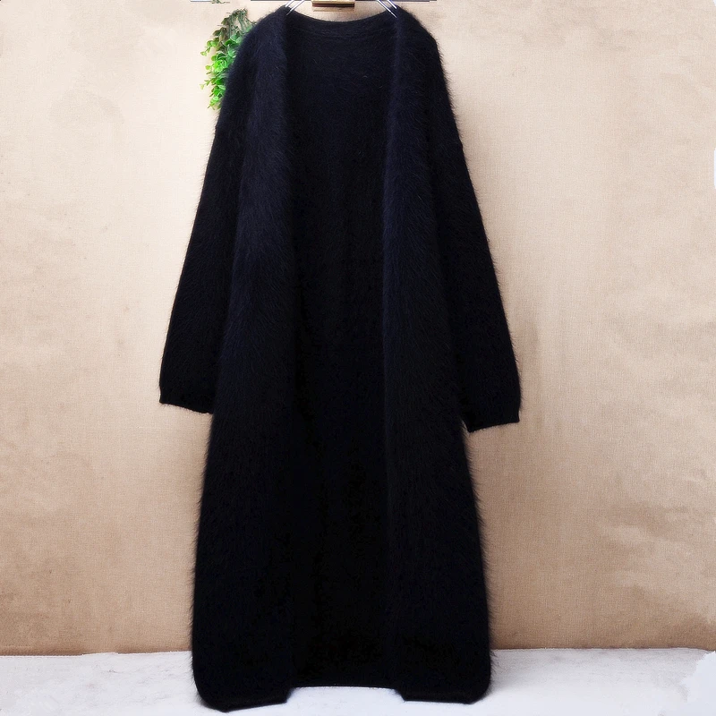 

1KG Heavy Thick Ladies Women Autumn Winter Black Hairy Mink Cashmere Knitted Long Sleeves Loose Long Sweater Mantle Jacket Coat