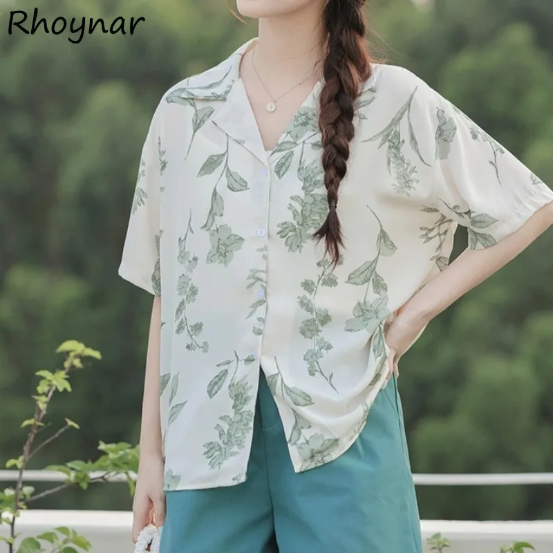 

Floral Shirts Women Korean Style Retro Short Sleeve Loose Turn-down Collar Drape Casual Daily Simple All-match Summer College