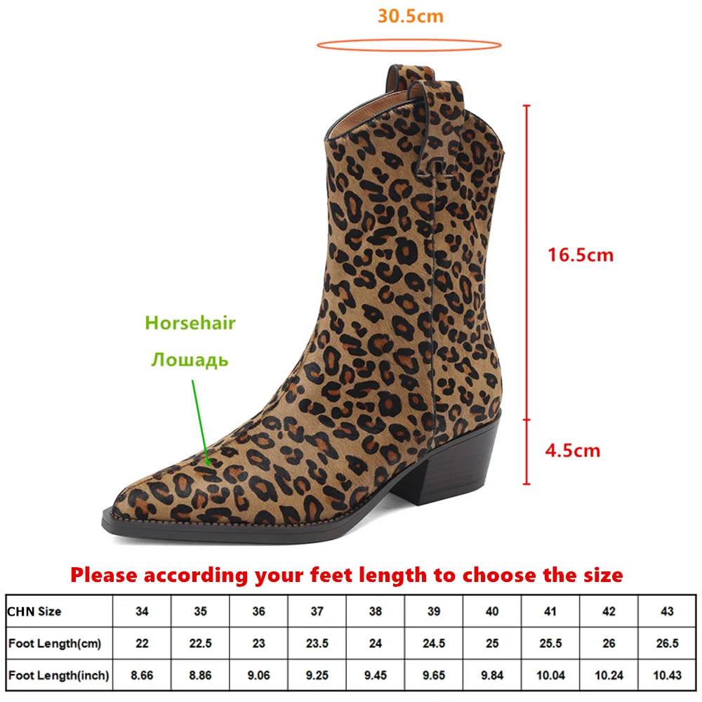 Aucegi Sexy Women Pointed Toe Mid Calf Boots Thick High Heels Mid-Calf Boots Fashion Leopard Horsehair Party Wedding Shoes