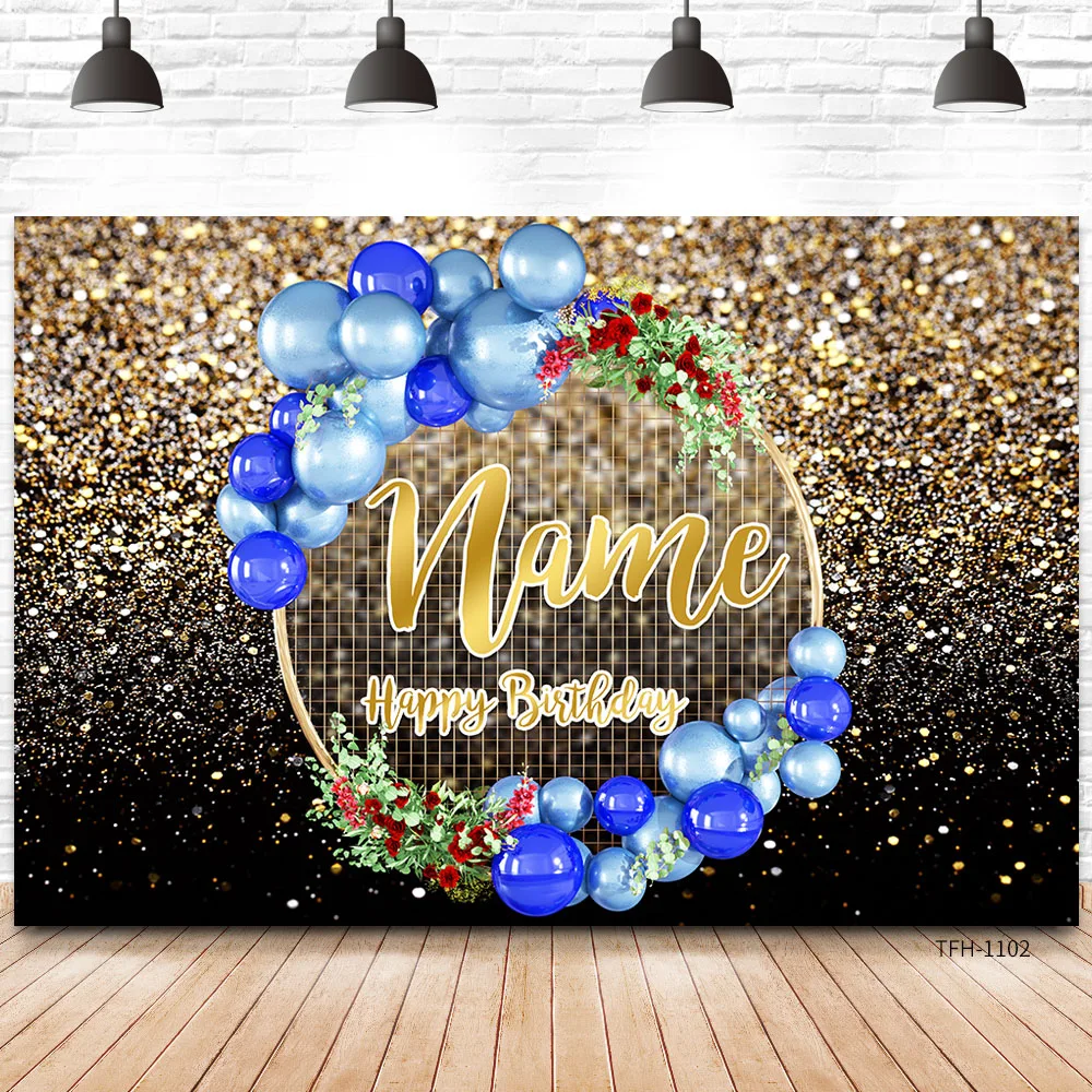 

Custom Name Black Gold balloon Photography Backdrops flower Backgrounds For Photo Studio Baby Newborn Birthday Party Photophone