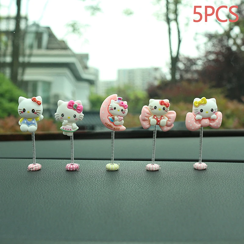 กระจกแผงหน้าปัดรถยนต์5ชิ้น/ถุงน่ารักลาย Hello Kitty เครื่องประดับสั่นหัวติดคอนโซลรถยนต์ลายแมวของขวัญถาดเก็บเครื่องประดับ