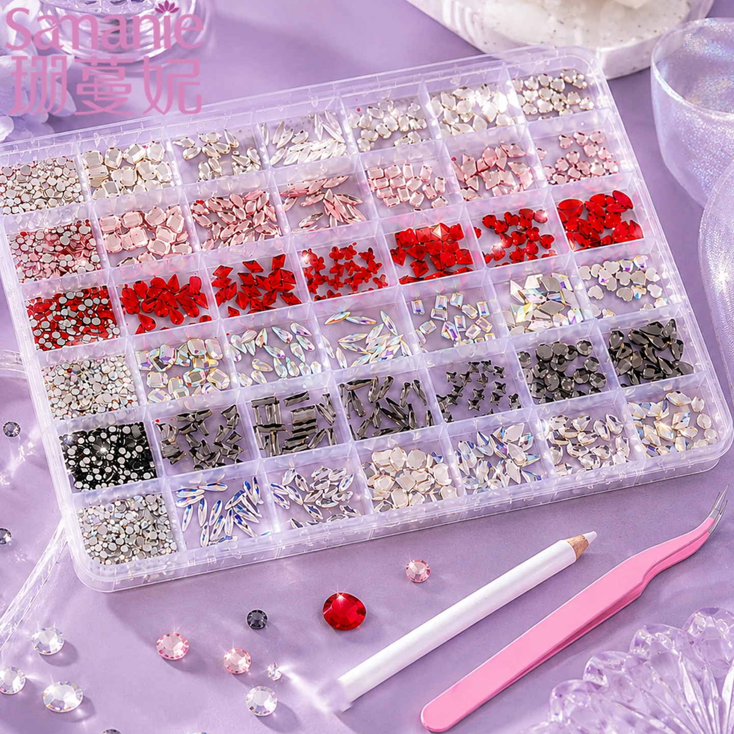 SANANIE 24 Grids Hot Colorful Resin Rhinestone Nail DIY Charms Kit Trendy Multishape Diamond Flatback Gems Nails Art Decoration