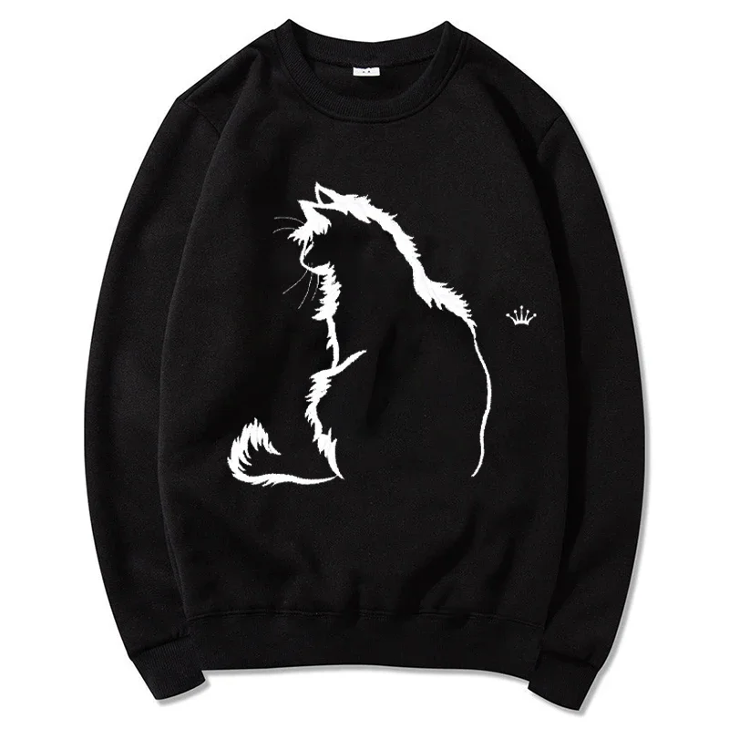 Funny Simple Strokes Of Cat Printed Hoodies Men Women O-Neck Long Sleeve Pullovers Oversized Loose Sweatshirts Autumn Streetwear