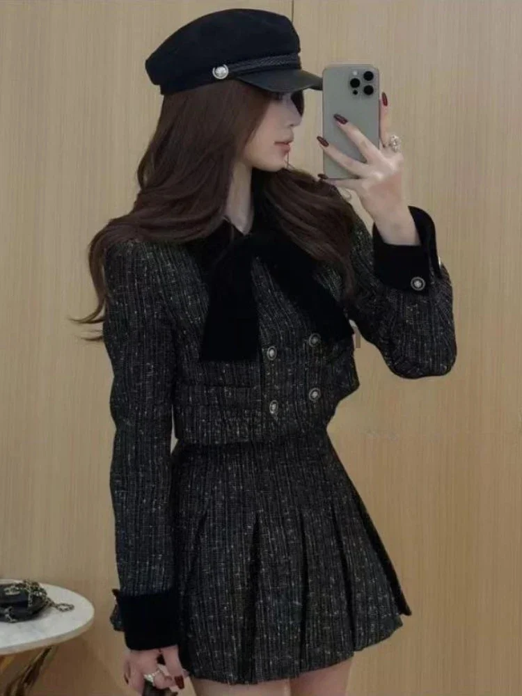 France Winter Elegant Party Two Piece Set Women Bow Short Coat + High Waisted Pleated Skirt Korea Fashion Design Skirt Sets 2024