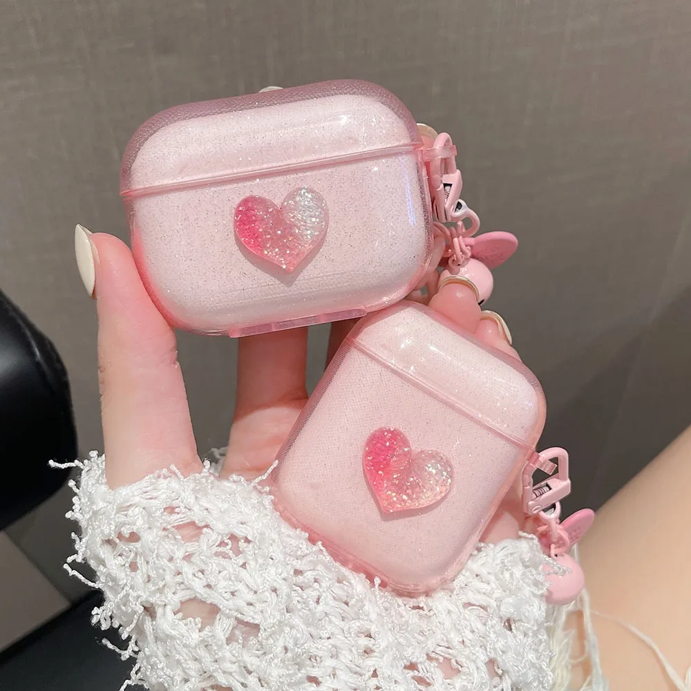 INS Glitter Shiny 3D Pink Love Heart Earphone Case For Apple AirPods Pro 2 1 Clear Shell For Air Pods 3 with Pendant Keychain