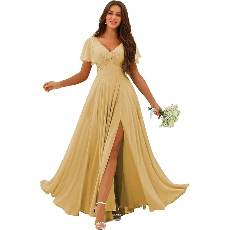 Elegantes V-Ausschnitt Chiffon-Maxikleid mit Twist-Front Kurze Rüschenärmel Hoher Schlitz Salbeigrünes Hochzeits-Brautjungfernkleid Formelles Abendkleid – Detail 11