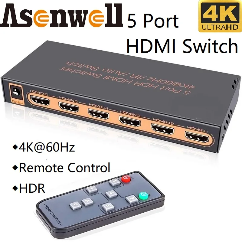 

4K@60Hz HDMI Switch 5 In 1 Out UHD HDR10 v2.0 Splitter 5 Port 4K Remote IR Control 18Gbps 1080P 3D Smart HDCP2.2 for TV BOX PS4