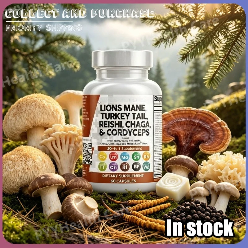Suplemento de Hongos 20 en 1 con Melena de León, Cola de Pavo, Reishi, Maitake, Poria, Shiitake, Ostra, Tremella Fuciformis y Agaricus Bisporus