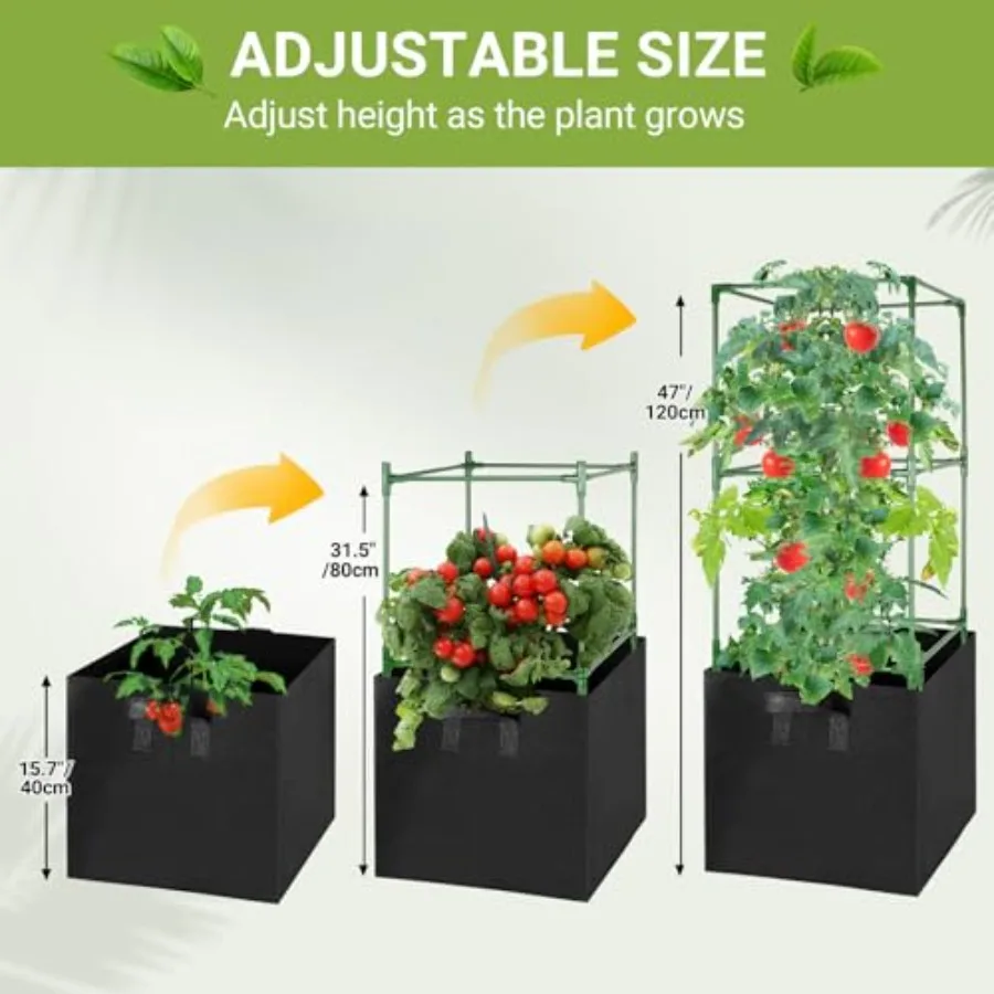 Garden Climbing Vegetables Flowers Fruits: Heavy Duty Square Tomato Cages With 17-Gallon Grow Bags, 47-Inch Tall, Extra-Bold Bl