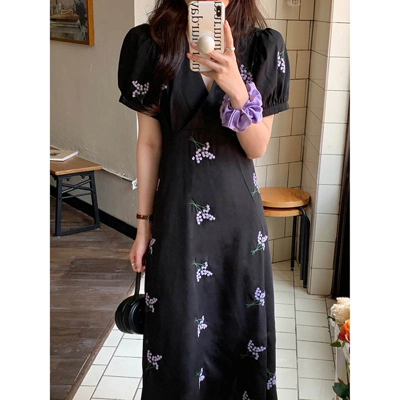 Ele V-ne Bubble Sve Dr Mujer Retro Cintura haciendo bordado floral Trabajo pesado Largo Dr Coreano Sle Commute