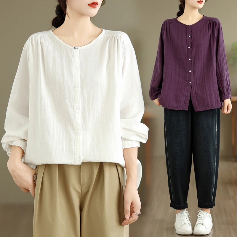 Retro Artistic Thin New round Neck Long Sleeve Shirt Women Loose Cotton Yarn Baby Cotton Double Layer Shirt Versatile Basic S...