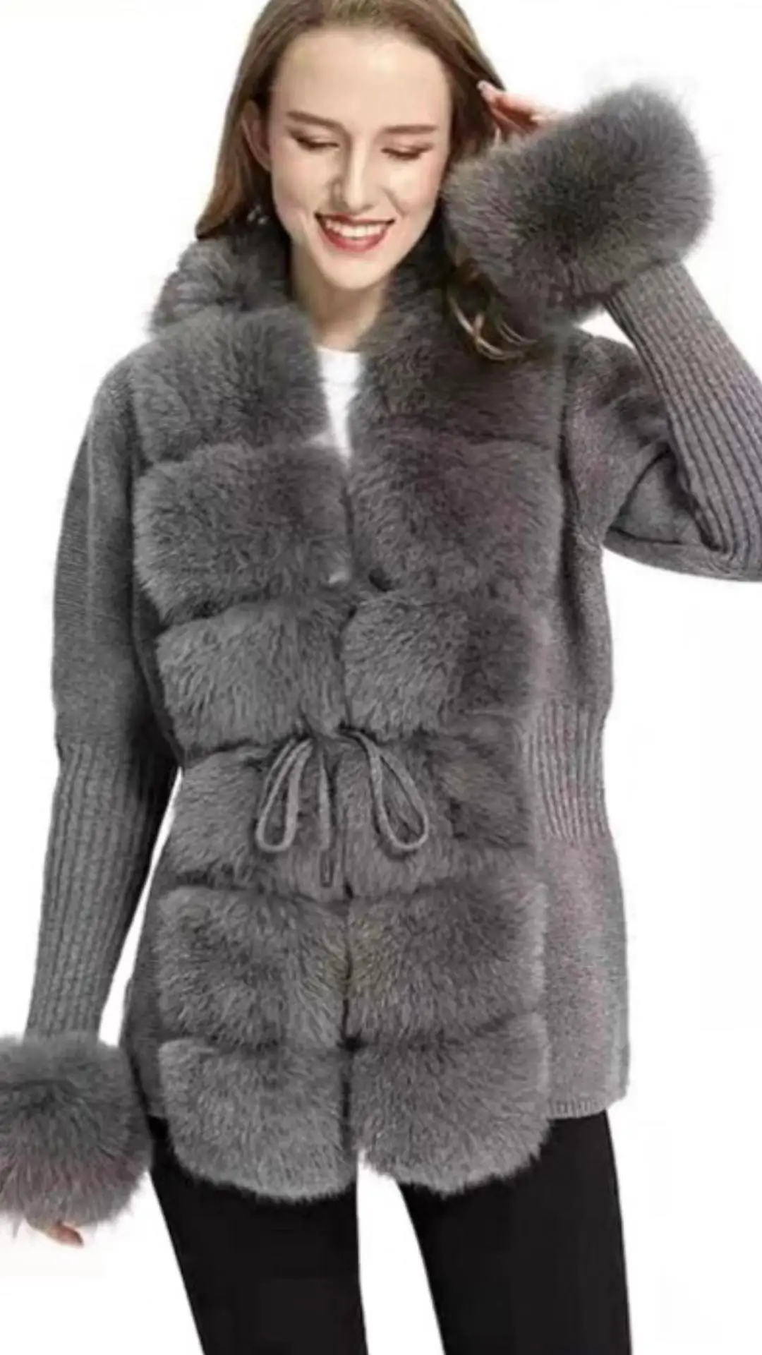 Fall Winter Women Faux Fur Coat Luxury Patchwork Knitted Sweater Bandage Fur Cardigan Detachable Collar Jackets Faux Fur Coats