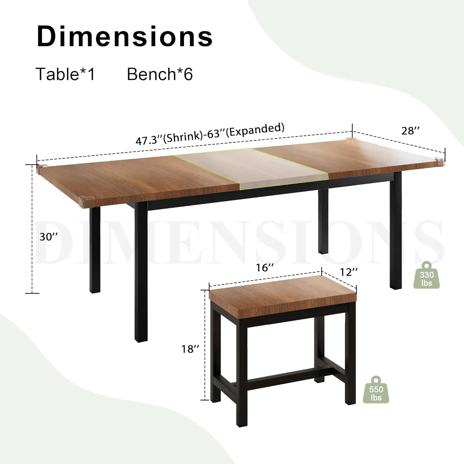 7-delige eettafelset met 6 krukken, 63 inch grote uitschuifbare keukentafelset voor 4-8 personen, eetkamertafel uit het midden van de eeuw met zware