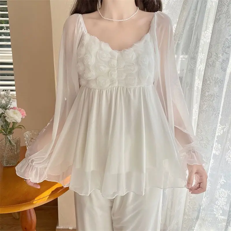 Ladies Solid Color Robe Pajama Set Long Sleeve Sleepwear Loose Sleep Pants Casual Homewear Soft Daily Loungewear Nightwear Suit