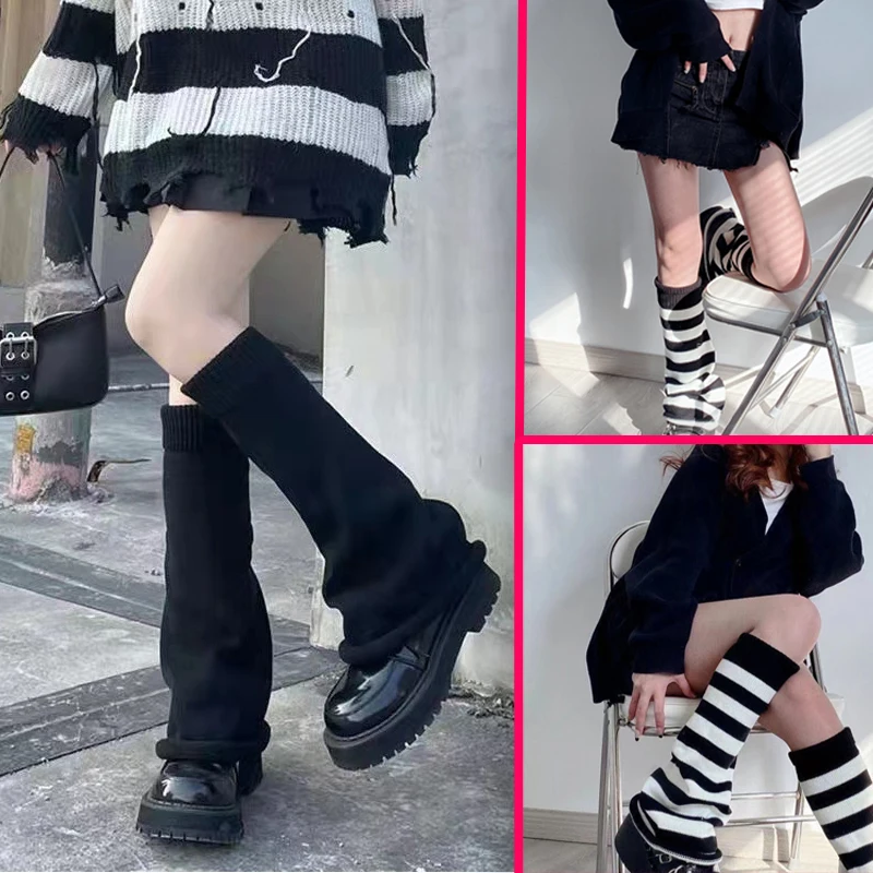 

Японские пушистые черные гетры Y2k в стиле Лолиты, женские милые полосатые вязаные длинные гольфы, осенне-зимние модные бахилы