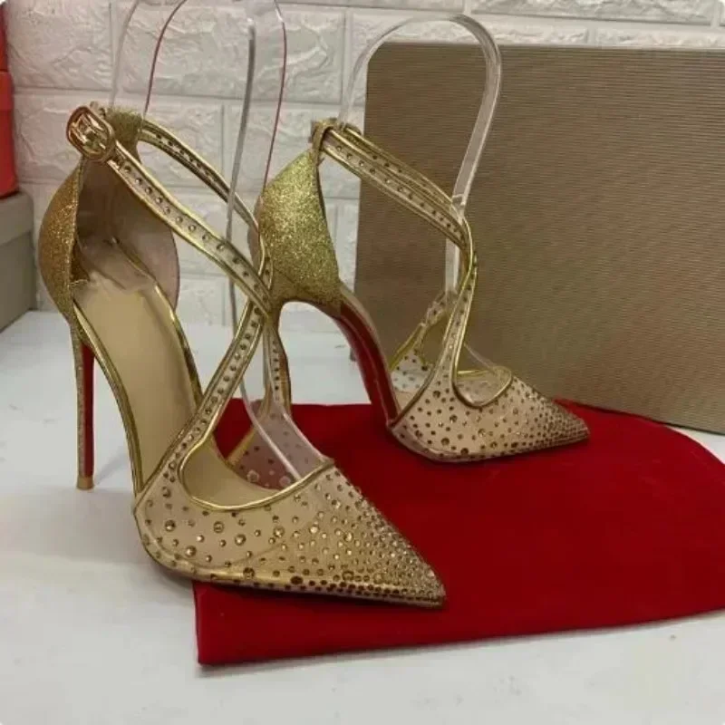 TOP Quality Red Bottom Stiletto Heel Shoes New Cross Strap Crystal Mesh Covered Heels Lady Glitter Rhinestone High Heel Sandals