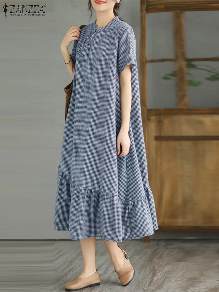 

ZANZEA Vintage Gingham Midi Dress Women 2025 Autumn Mandarin Collar Short Sleeve Frog Buttons Ruffled Hem A-Line Dresses S-3XL