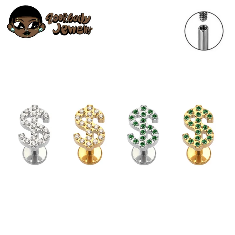 ASTM F136 TItanium Moneylab Piercing Internal Spiral Lip Earring Green Coin Flat Tragus Conch Lobe Piercing G23 Nose Stud