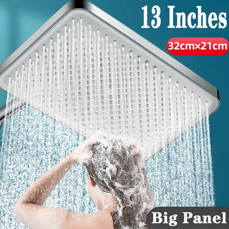 Big Panel Large Flow Supercharge Ceiling Mounted Shower Head Silver High Pressure Spray Nozzle Massage Rainfall Bathroom Shower