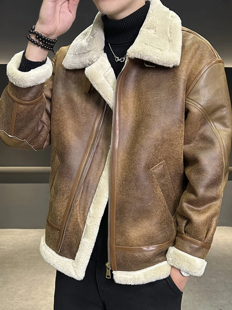 

Men's Thiened Lamb Fur Cotton Jaet Winter 2024 New Sle Faionable Ci Casual Long Sve Zipper Closure Warm Coat