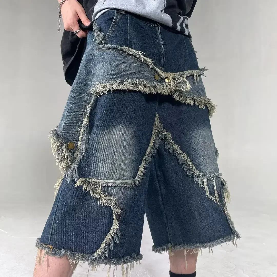 

Patchwork 2024 American New Style Retro Star Patch Tassel Men Denim Shorts Loose Casual Hip-hop Street Couple Pants Sweatpants