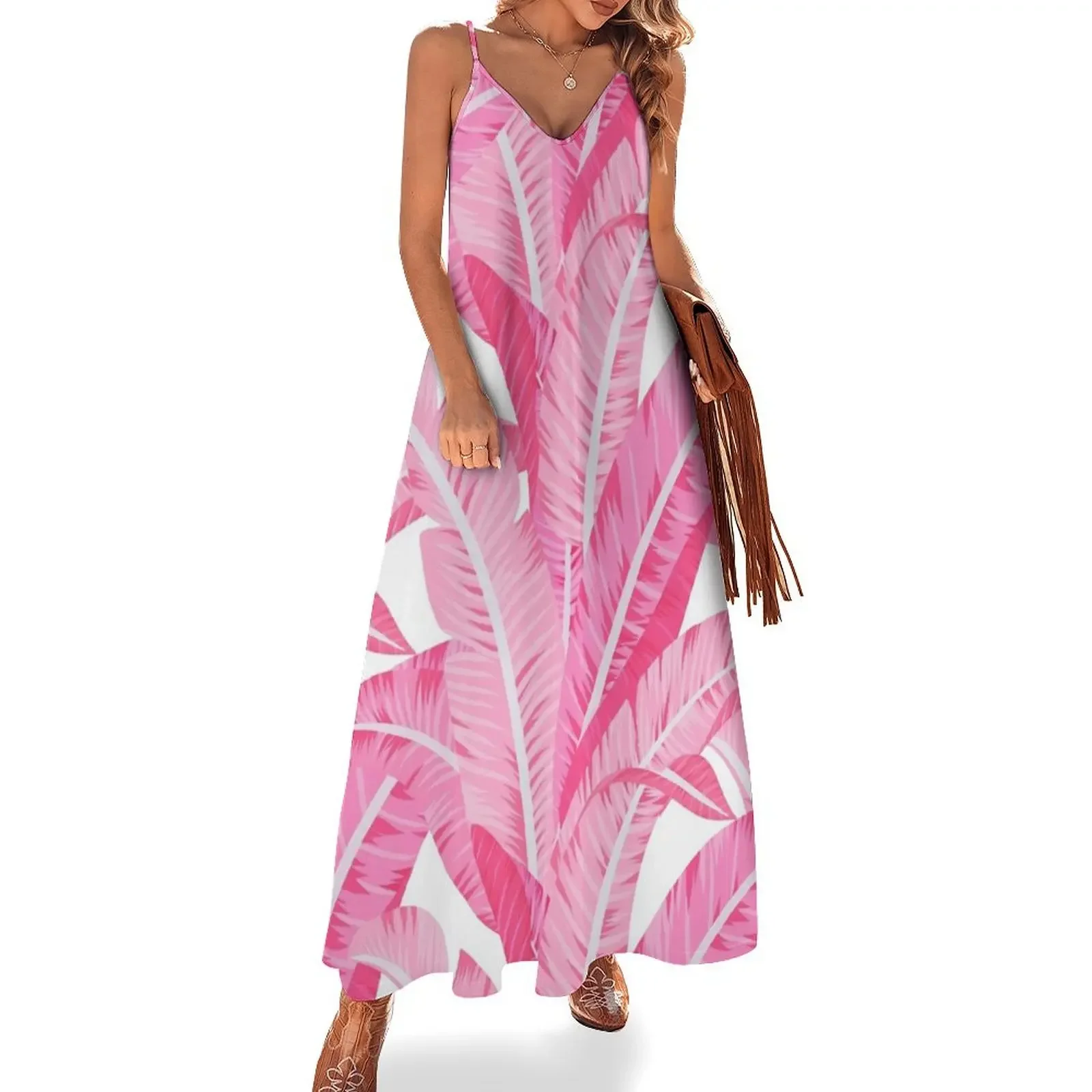 Pink banana leaves tropical pattern on white Sleeveless Dress women long dresses Casual dresses dress dresses