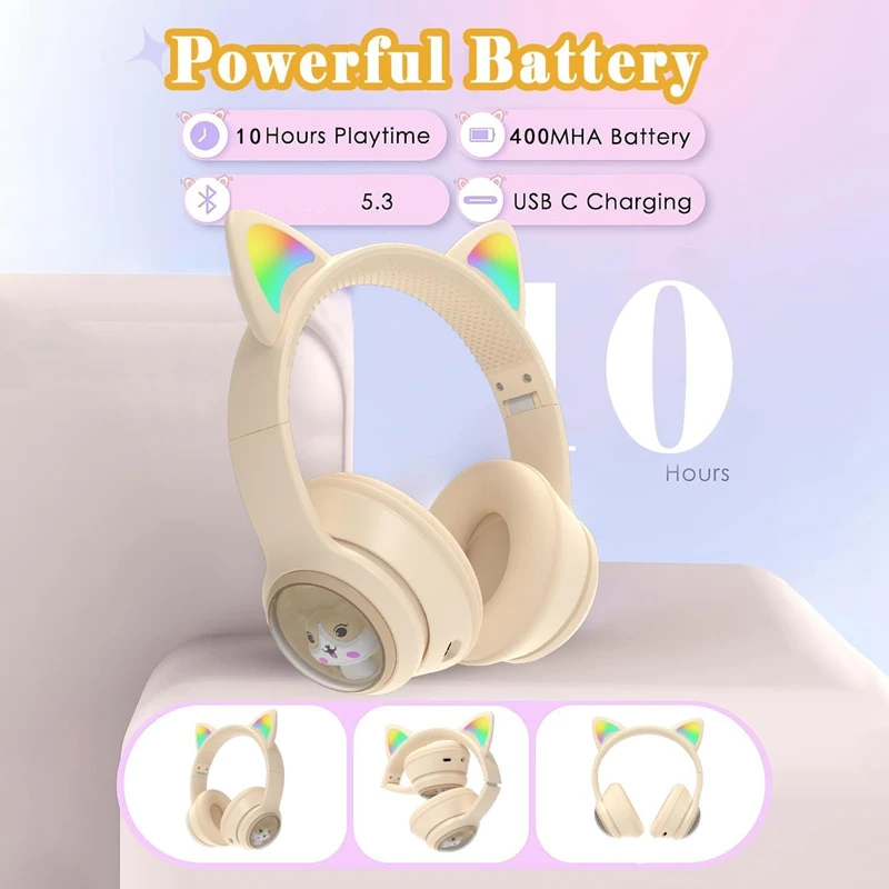 Children's Bluetooth Headphones, Foldable Wireless Headphones With LED Light, Cat Ears Game Headset For Phone