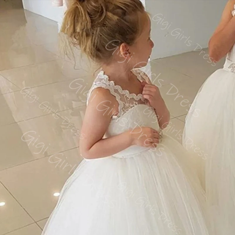 Vestido de niña de flores marfil/blanco para boda, vestido de primera comunión de tul con encaje y fajas con cuentas, Vestidos de novia personalizados