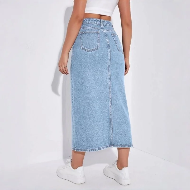 Summer Female Chic Light Blue High Waist Skirt Hot Sale Lady Ins Fashion Front Slit A-line Jeans Skirts Girls Korean Denim Dress