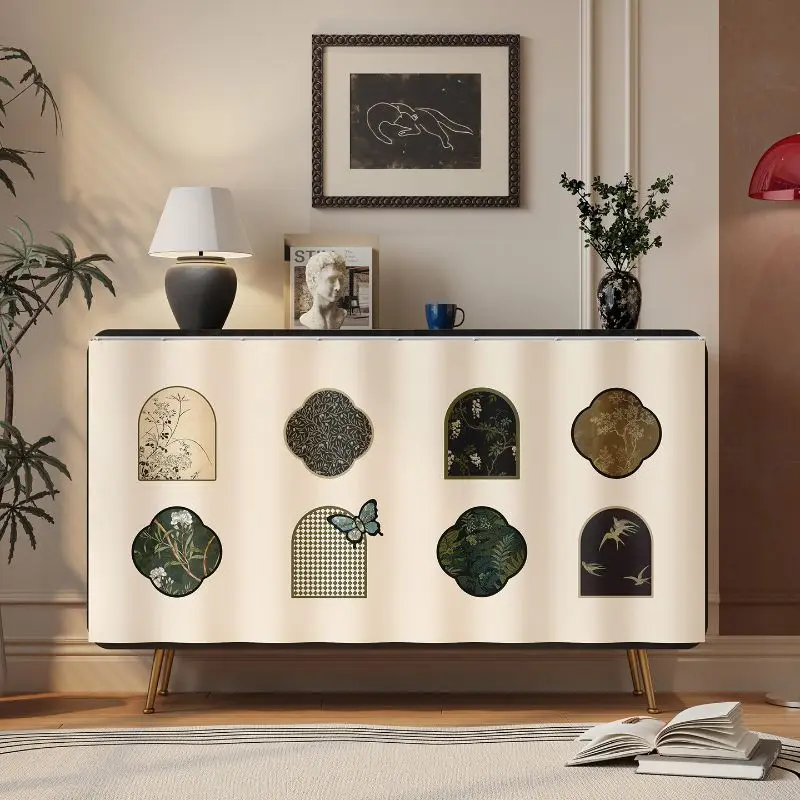 VIKAMA New Chinese Cabinet Cover Curtain Green Jade Geometric Print Dust Proof Partition Curtain Storage Sideboard Home Decor