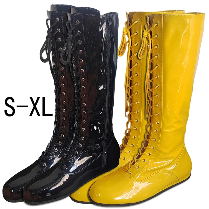 Hogan Yellow Black Wrestling Boots Pro Lace Up High Top Leather Mens Ring Costume Boots Wrestling Shoes