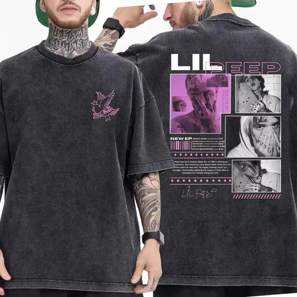 

2025 Summer Washed Retro Rapper Lil Peep Music Album T-shirt Men's Fashion Hip Hop Cotton Short Sleeve Casual Loose Top.