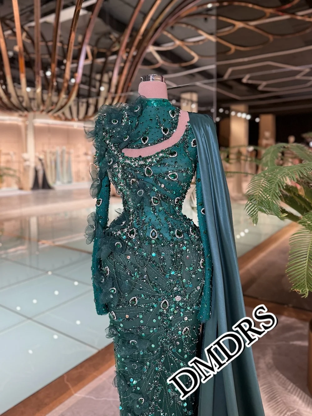 

DMDRS Luxury Diamond Evening Dress 2026 Graceful Long-Sleeve Party Gown Charming A-Line Crew Design Floor-Length Party Dress