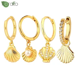 925 Sterling Silver Needle Vintage Gold Color Seashells Pendant Earrings Fashion Small Hoop Earrings for Women Luxury Jewelry