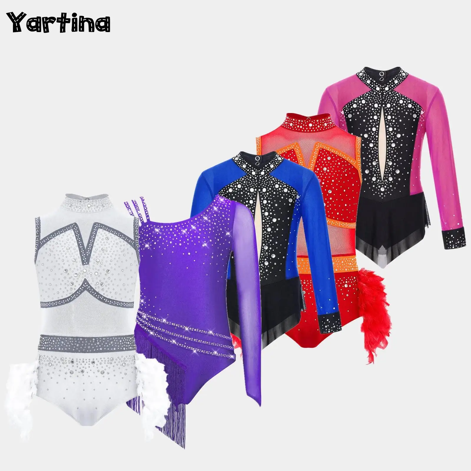 

Kids Girls Sparkly Rhinestones Ballet Leotards Jumpsuit Sheer Mesh Skirted Bodysuit Rhythmic Gymnastics Figure Skating Costumes