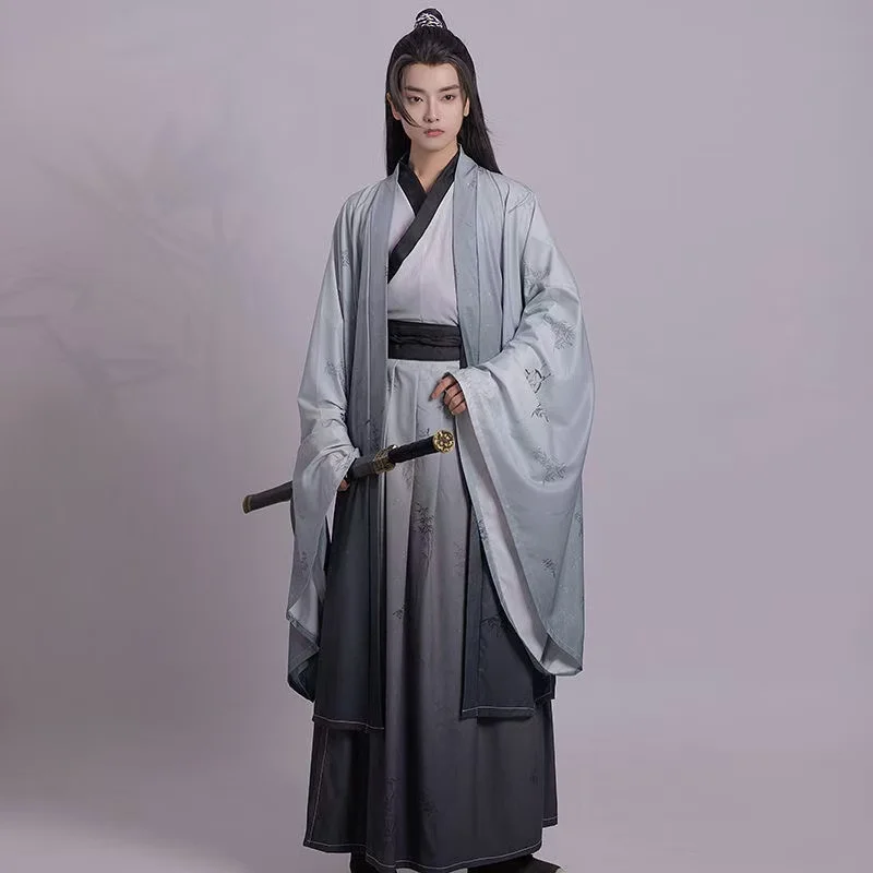 

Men's Original Chinese Weijin Period Hanfu Dress Traditional Gray Printing Dyeing Gray Costume Cool Stylish Cosplay Clothing