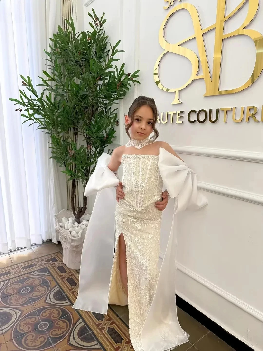Customized Flower Girl Dress For Wedding Bow Glitter Sleeveless Floor Length Elegant Kids Birthday Party First Communion Gown