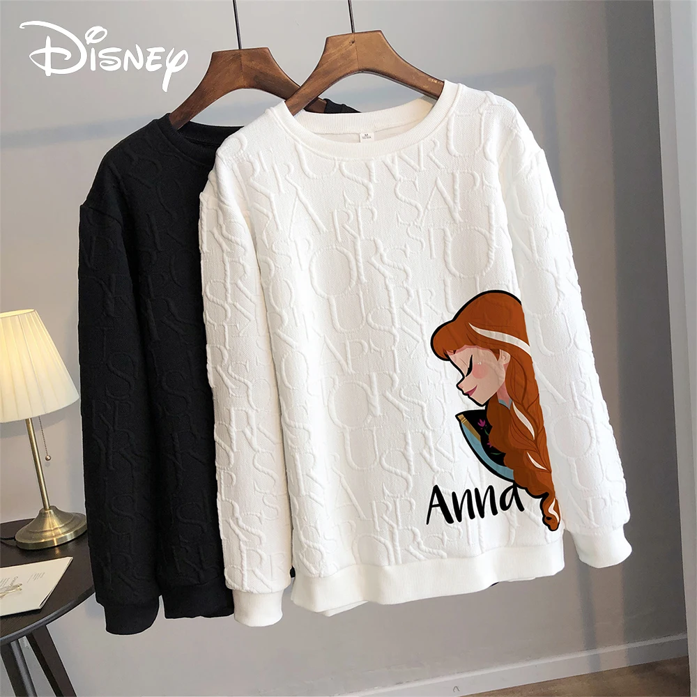 Disney 2024 Anime Frozen Anna Elsa Print Loose Sweatshirt Spring Autumn Cartoon Pullover Top Clothing