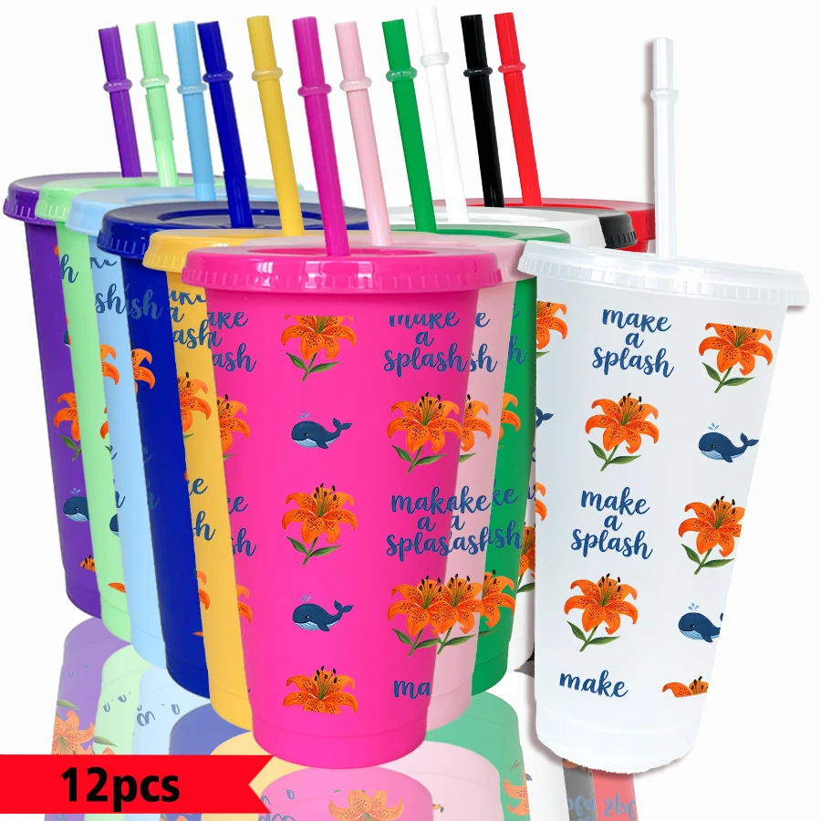 12pcs/pack Whales Lilies Words   Patterns 26oz Colored Plastic Party Cold Cups for Back-to-school Birthday Gifts