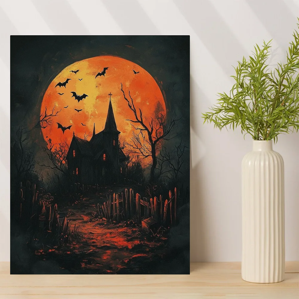 

1pc,Echoes of the forgotten manor, Halloween Horror House，Modern Canvas Wall Art, Holiday Gift, Framed, 12x16inch