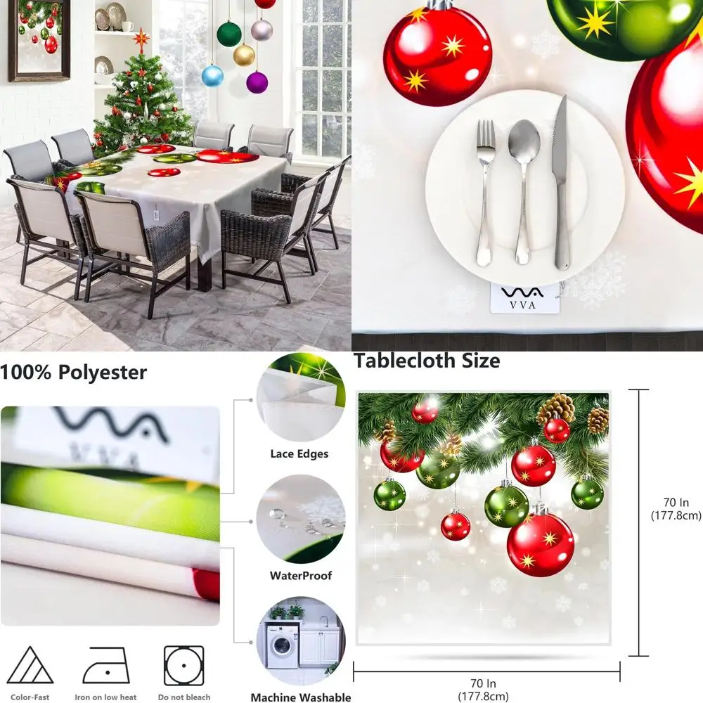 

70 Inch Winter Themed Christmas Tablecloth with Snowflakes and Pine Tree Balls for Festive Family Gatherings