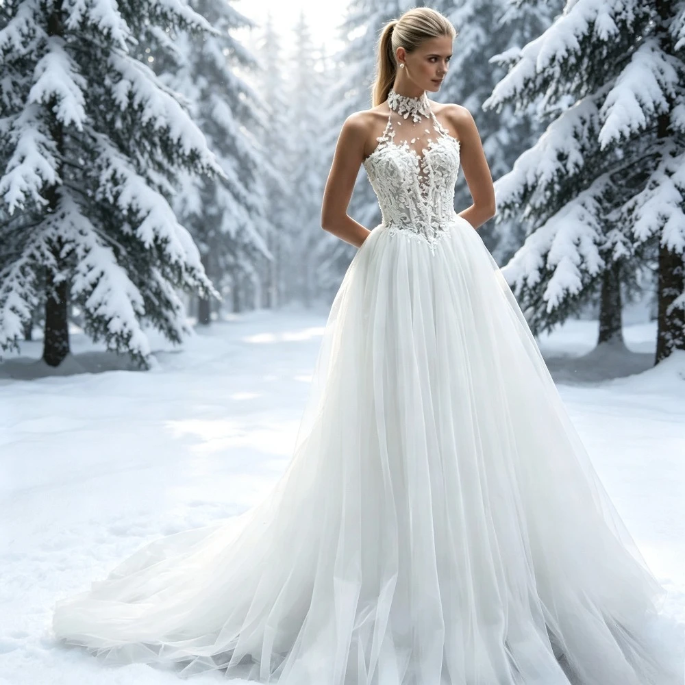 Customized Halter High Neck Illusion Lace Beaded Applique Tulle A-Line Wedding Dress Long Train Lakshmigown Style Bridal Gown