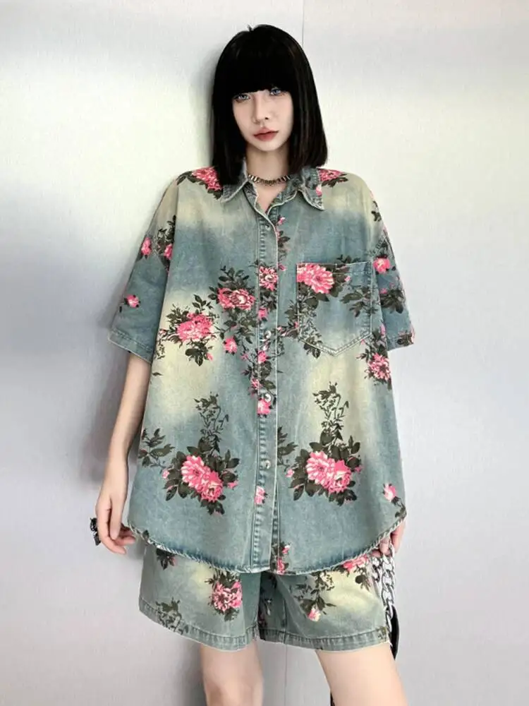 [EAM] Blue Denim Shirt Wide Leg Shorts Two Piece Suit New Lapel Short Sleeve Women Fashion Tide Spring Summer 2025 1DH6138