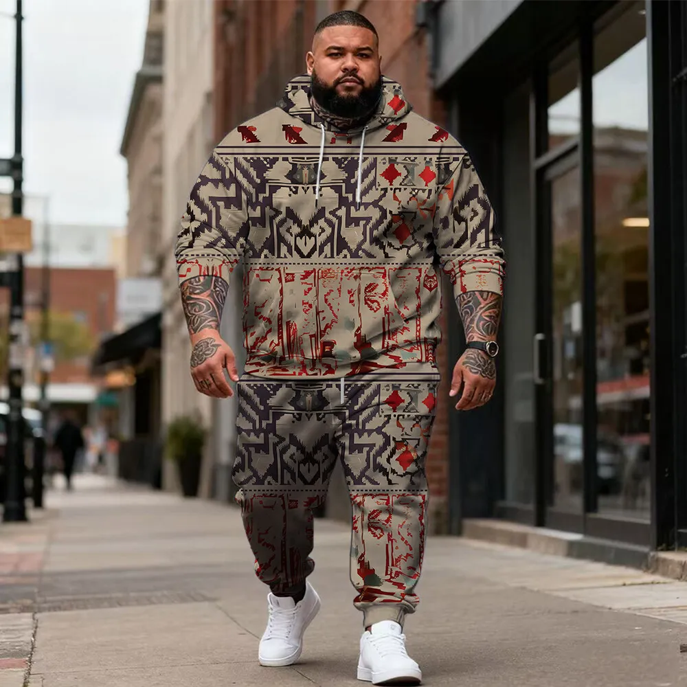 

S-9xl Мужская толстовка больших размеров большого и высокого размера: этнические, клетчатые элементы — одежда из двух предметов, дышащий материал, стильный дизайн