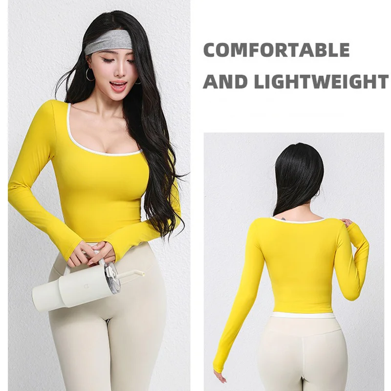 PofyBofy with Build-in Bra Yoga Crop Long Sleeve Gym Crops Square Neck Workout Crop Top Scoop Neck Athletic Gym Shirts Fake 2