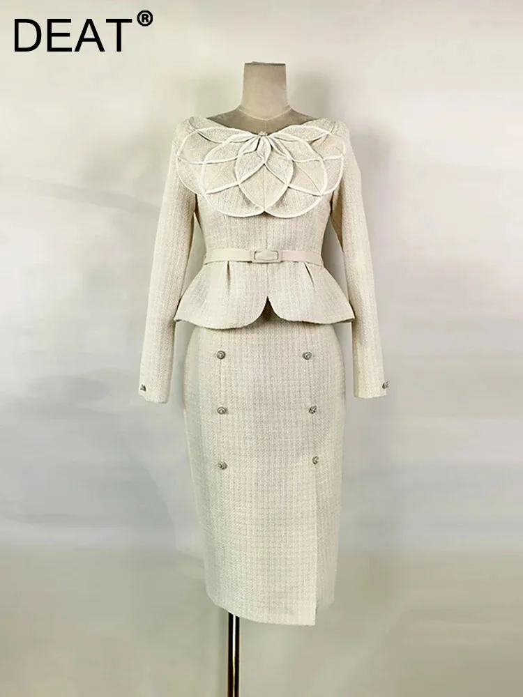 

Женский твидовый костюм с юбкой DEAT, комплект из двух предметов, топ с круглым вырезом, длинным рукавом и поясом, приталенная юбка с пуговицами и разрезом, 13 db2966, 2024