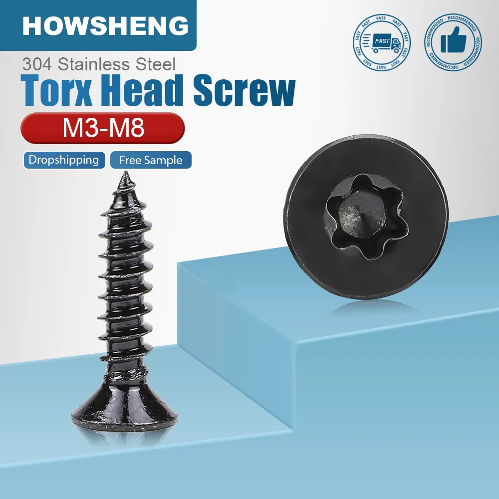 10-50pcs Torx Flat Head Tapping Screw for Wood Black Plated Stainless Steel M2 M3 M4 M5 Six Lobe Countersunk Head Tap Screw