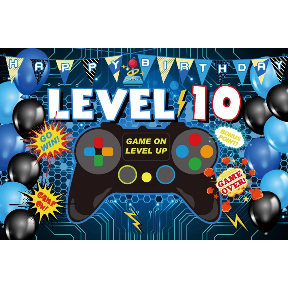 Game On Happy Birthday Backdrop Video Gamer Neon Gaming Theme Level Up Child Birthday Party Photography Background Photo Studio