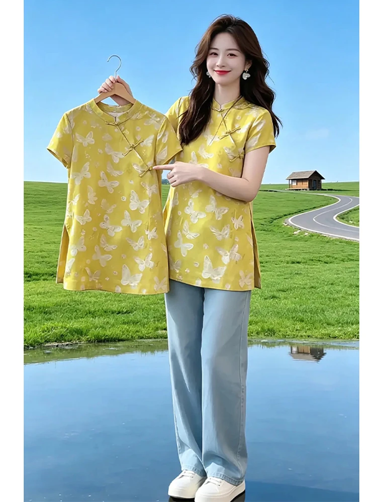 

New Chinese Style Women's Shirt Collar Button Elegant Casual Summer New Arrival Short Sleeve Stand Collar Pure Color Fashionable